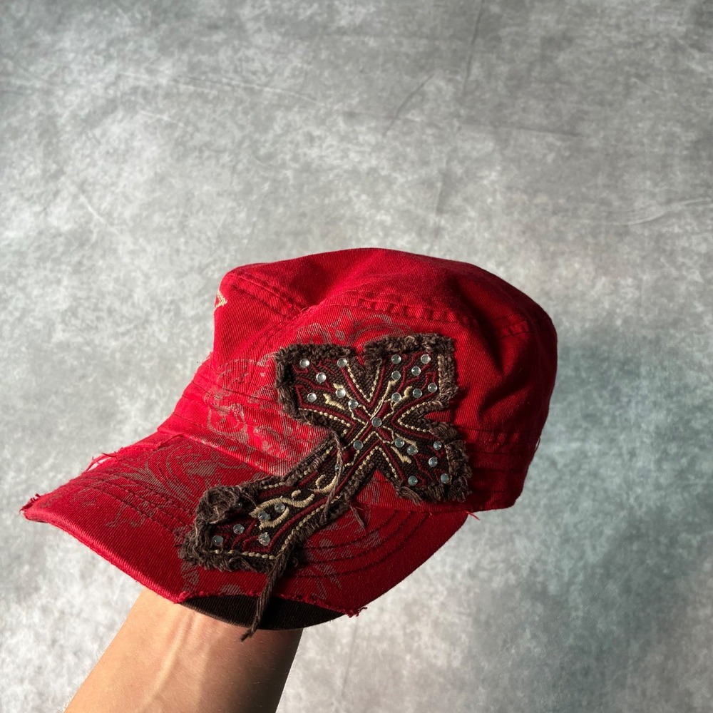 Red Y2K McBling Cadet Hat Rhinestone Cross Distressed Military Cap 2000s